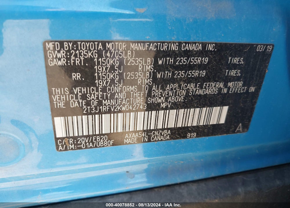 2019 TOYOTA RAV4 ADVENTURE VIN: 2T3J1RFV2KW042743