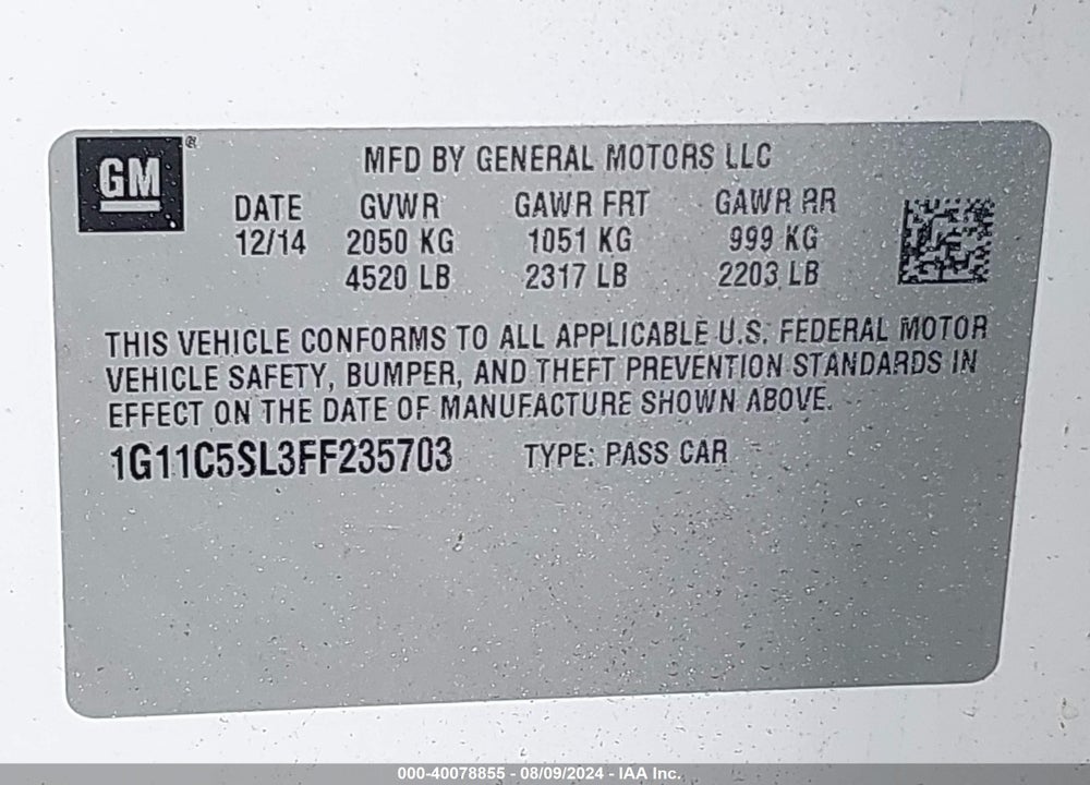 2015 CHEVROLET IMPALA 1LT VIN: 1G11X5SL3FF235703
