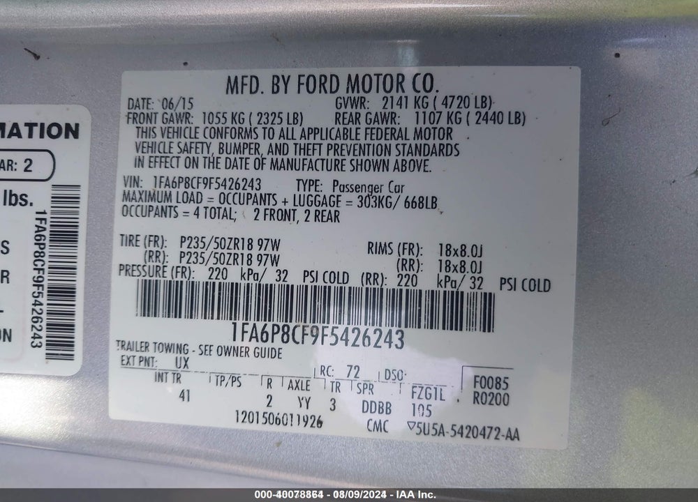 2015 FORD MUSTANG VIN: 1FA6P8CF9F5426243