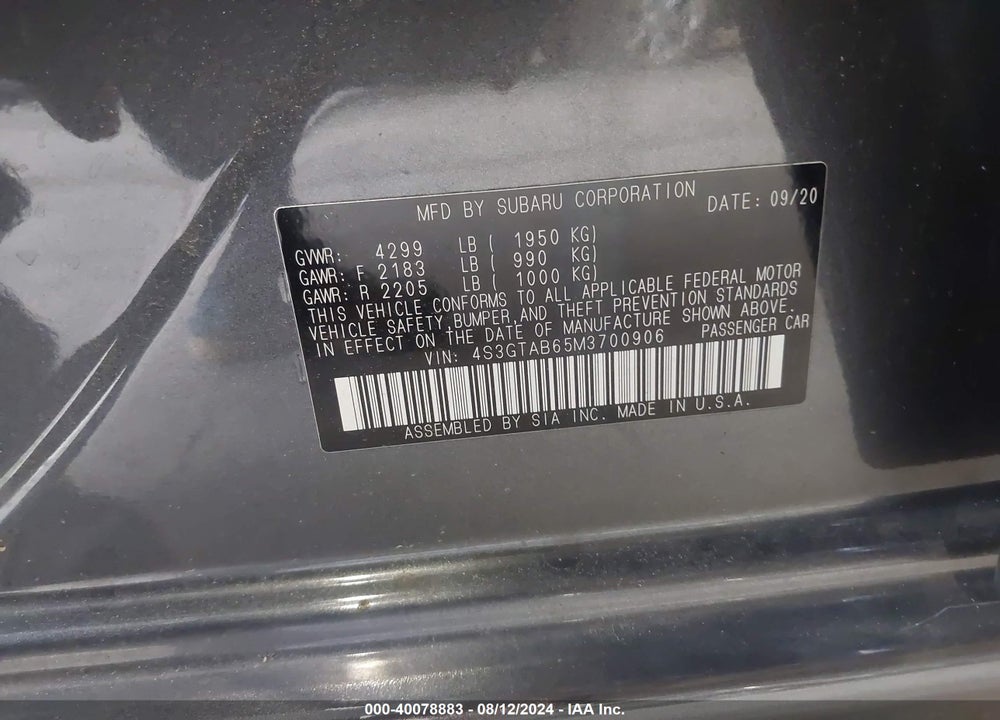 2021 SUBARU IMPREZA VIN: 4S3GTAB65M3700906