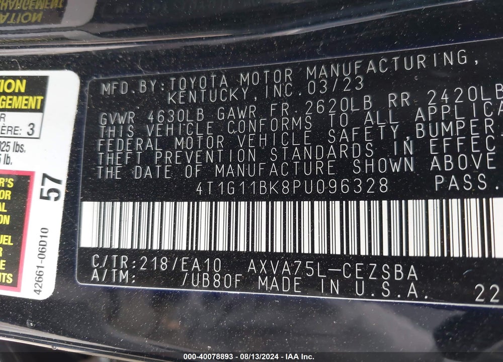 2023 TOYOTA CAMRY SE AWD VIN: 4T1G11BK8PU096328