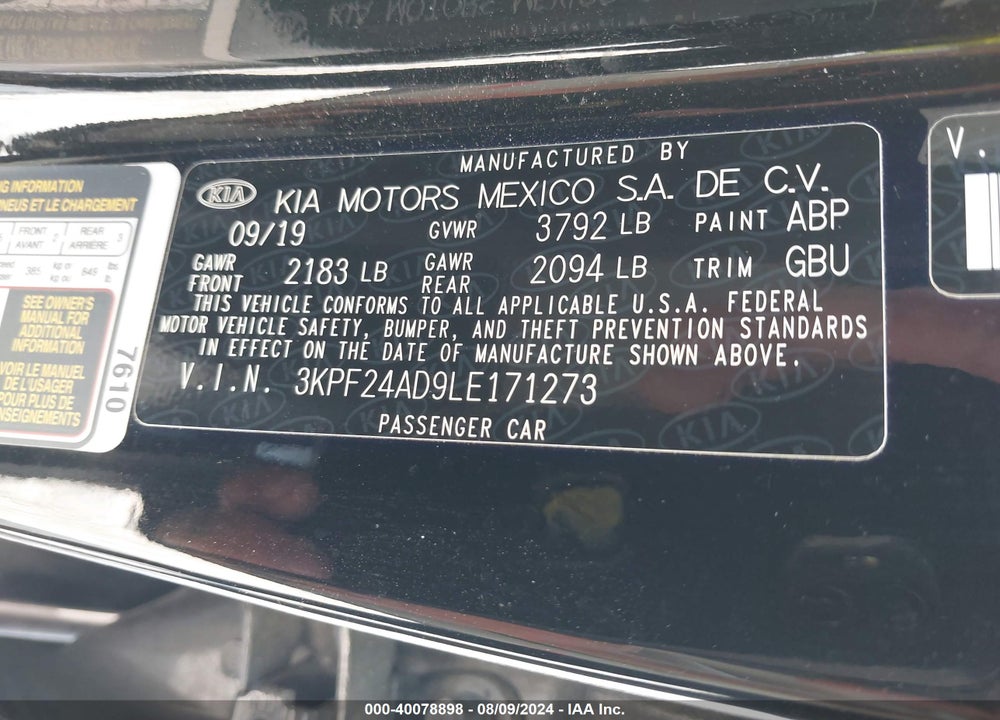 2020 KIA FORTE LXS VIN: 3KPF24AD9LE171273