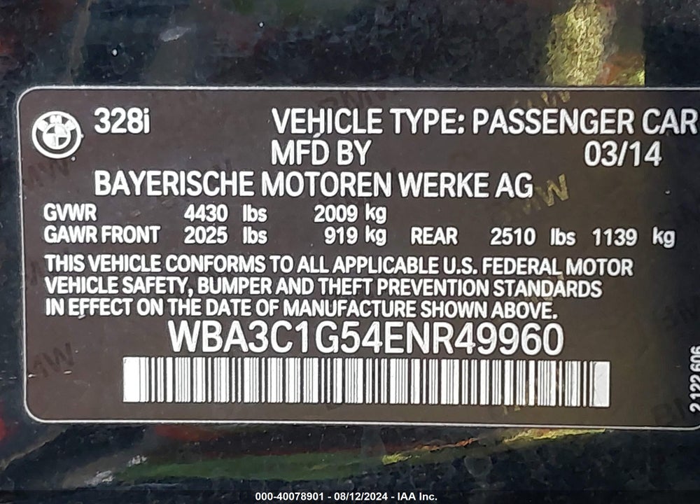2014 BMW 328I VIN: WBA3C1G54ENR49960
