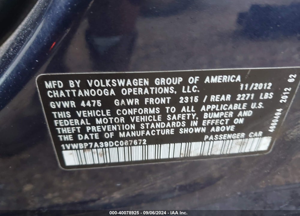 2013 VOLKSWAGEN PASSAT VIN: 1VWBP7A39DC067672
