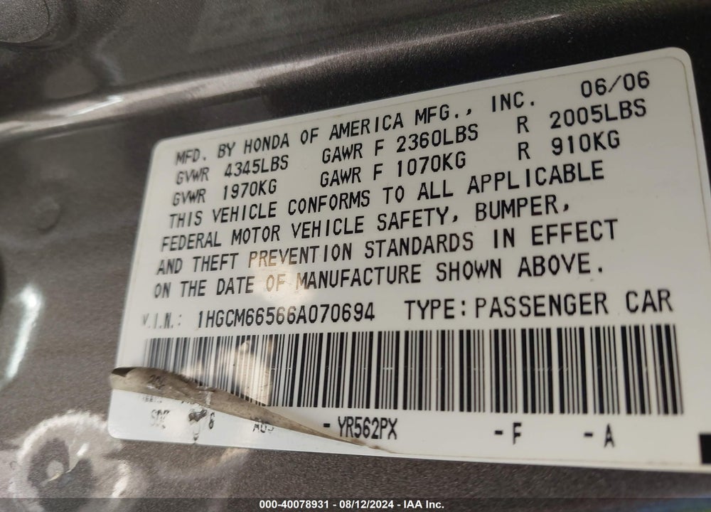 2006 HONDA ACCORD 3.0 EX VIN: 1HGCM66566A070694