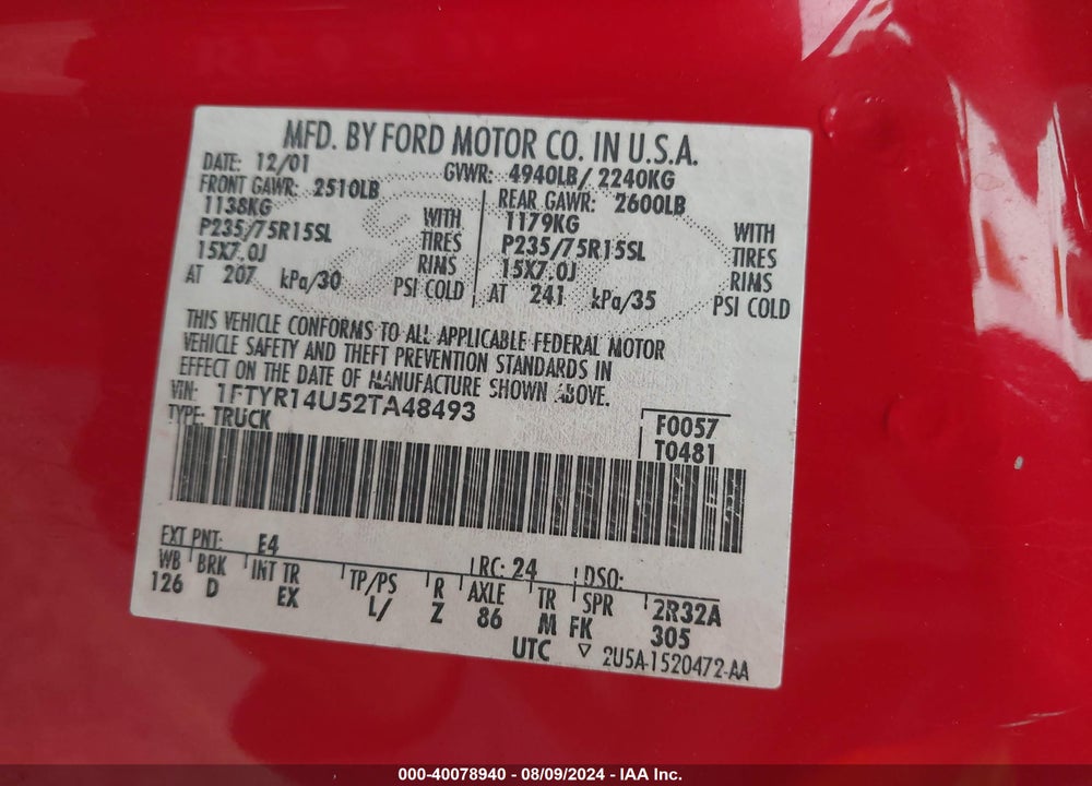 2002 FORD RANGER EDGE/TREMOR/XL/XLT VIN: 1FTYR14U52TA48493