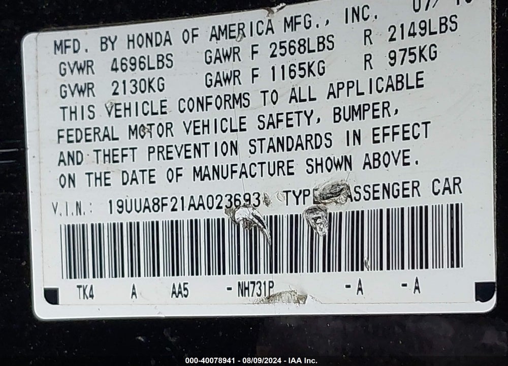 2010 ACURA TL 3.5 VIN: 19UUA8F21AA023693