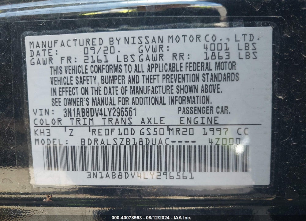 2020 NISSAN SENTRA SR XTRONIC CVT VIN: 3N1AB8DV4LY296561