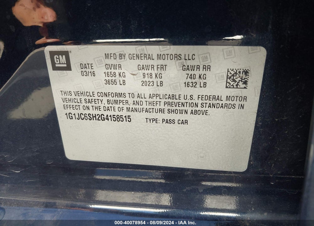 2016 CHEVROLET SONIC LT AUTO VIN: 1G1JC6SH2G4158515