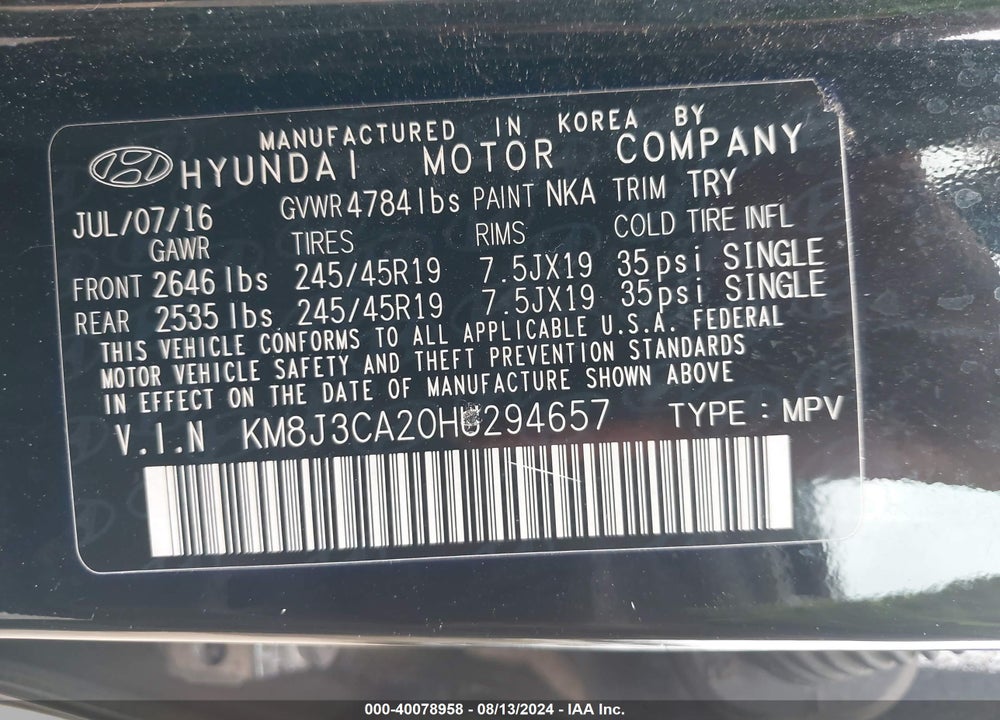 2017 HYUNDAI TUCSON VIN: KM8J3CA20HU294657