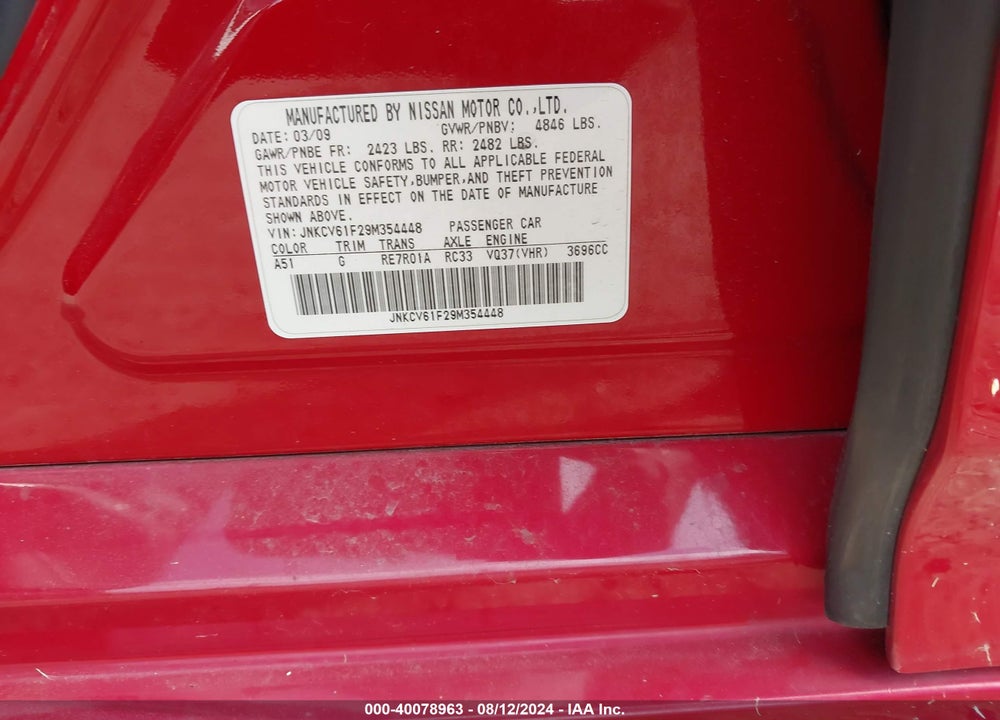 2009 INFINITI G37X VIN: JNKCV61F29M354448