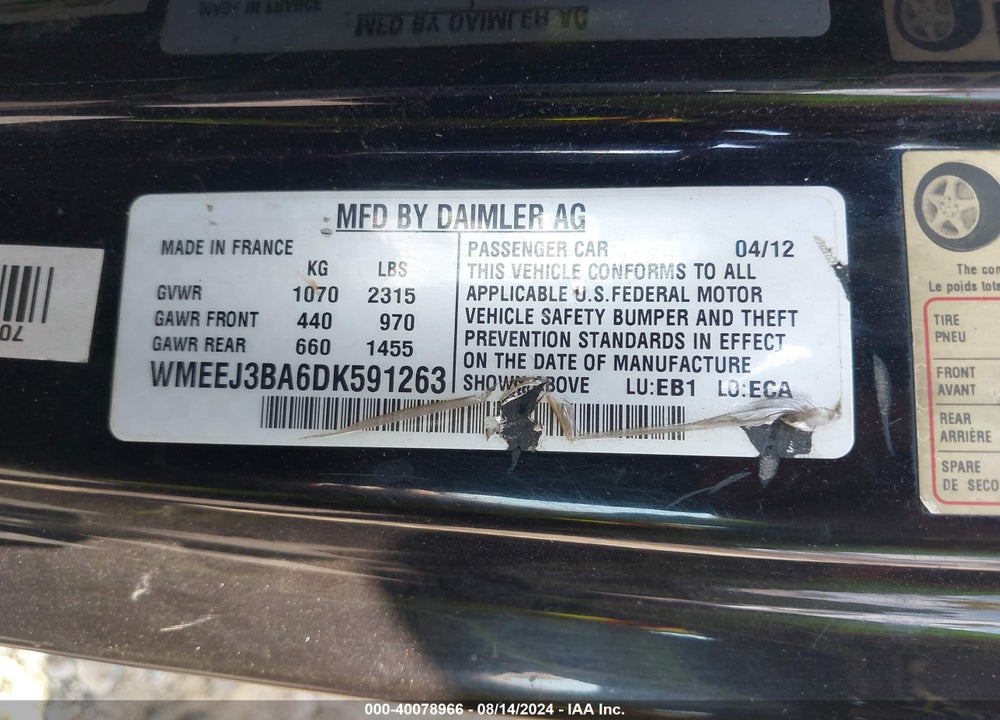 2013 SMART FORTWO PASSION/PURE VIN: WMEEJ3BA6DK591263