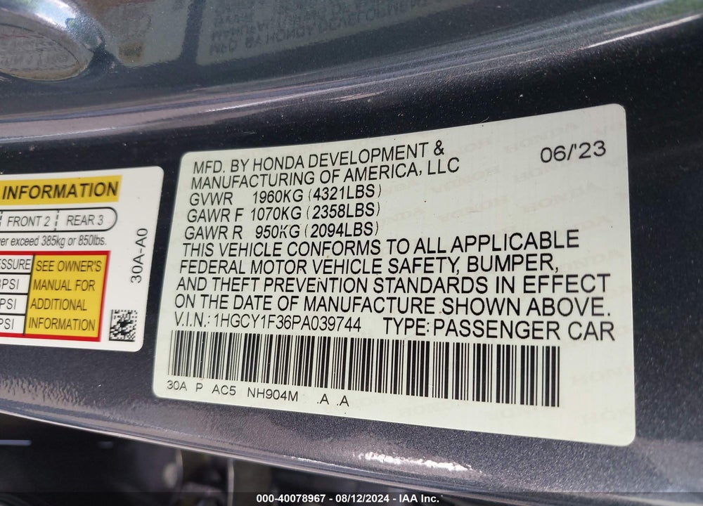 2023 HONDA ACCORD EX VIN: 1HGCY1F36PA039744