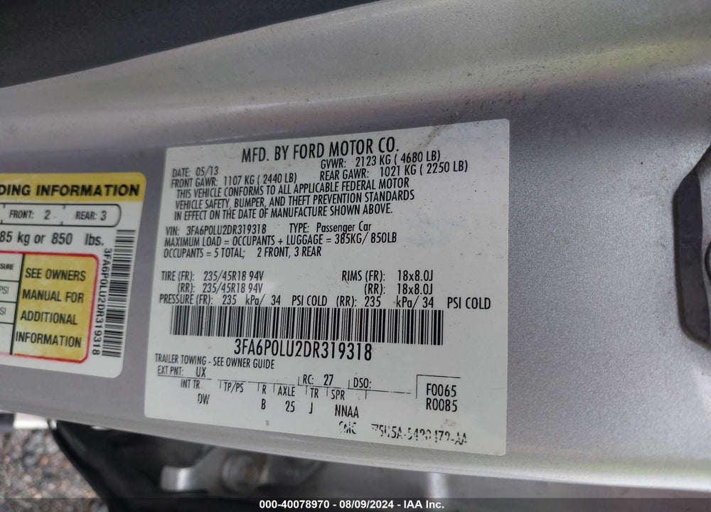 2013 FORD FUSION HYBRID SE VIN: 3FA6P0LU2DR319318