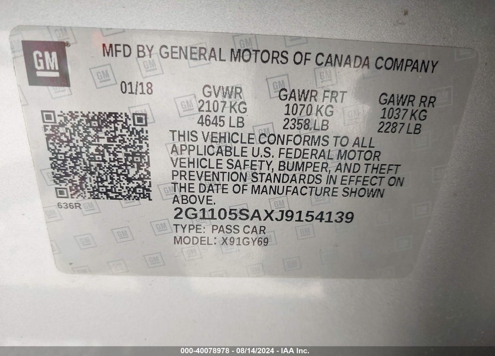 2018 CHEVROLET IMPALA 1LT VIN: 2G1105SAXJ9154139