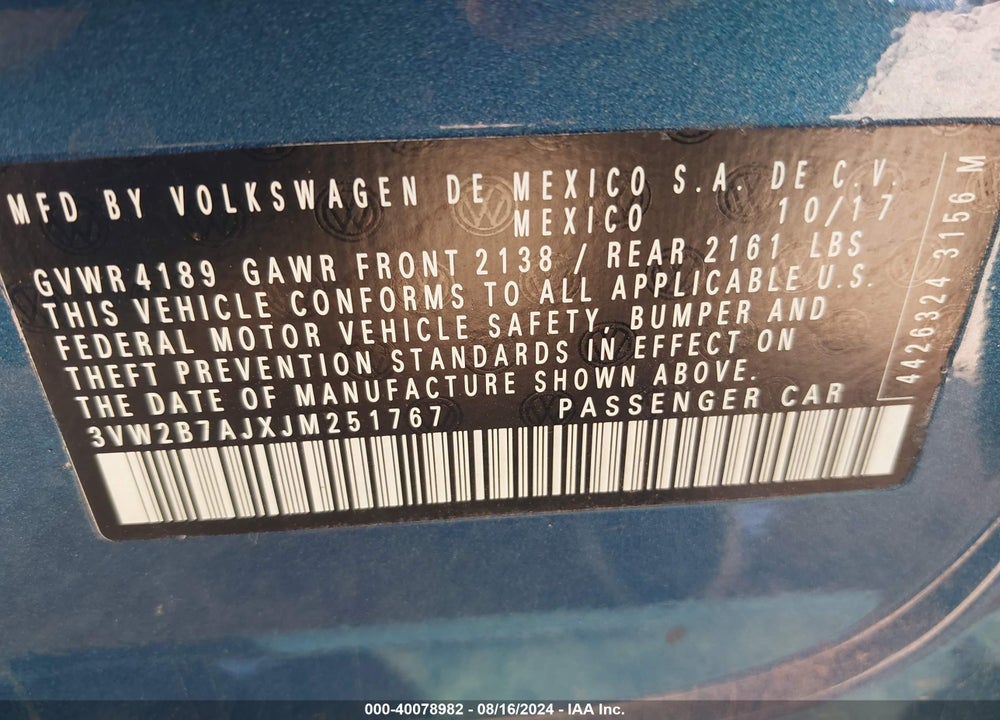 2018 VOLKSWAGEN JETTA 1.4T S VIN: 3VW2B7AJXJM251767