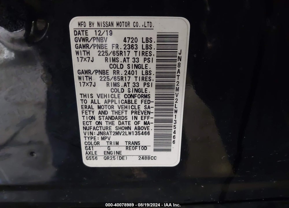 2020 NISSAN ROGUE S INTELLIGENT AWD VIN: JN8AT2MV2LW135466