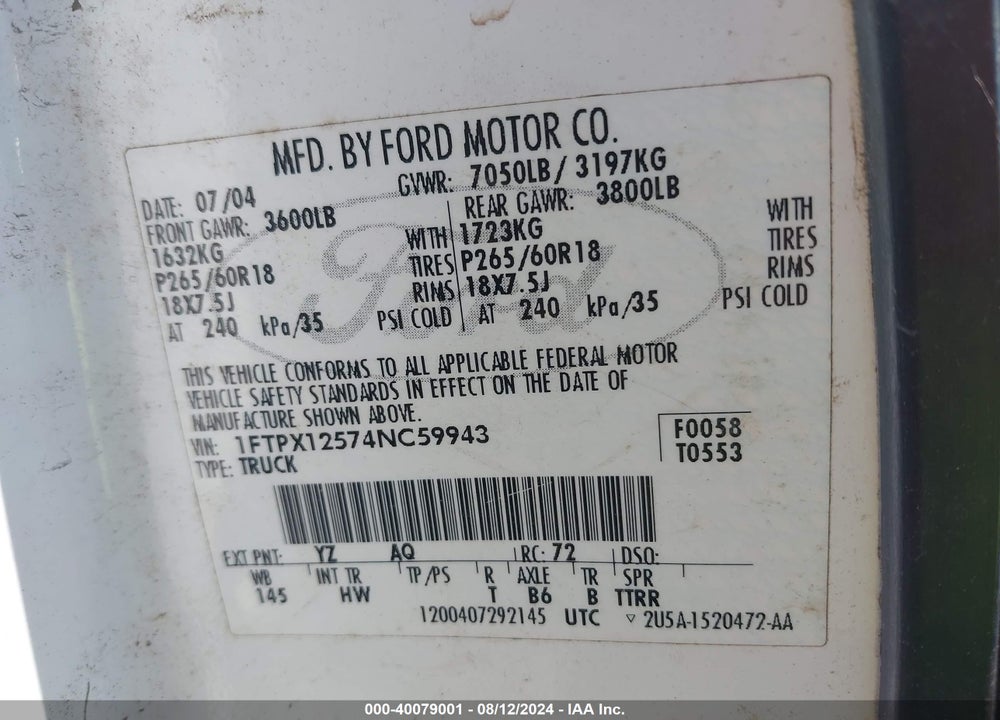 2004 FORD F-150 LARIAT/XL/XLT VIN: 1FTPX12574NC59943