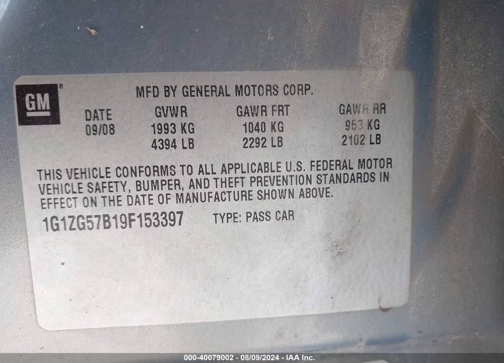 2009 CHEVROLET MALIBU LS VIN: 1G1ZG57B19F153397