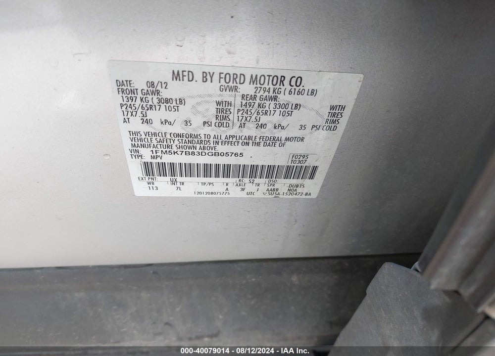 2013 FORD EXPLORER VIN: 1FM5K7B83DGB05765