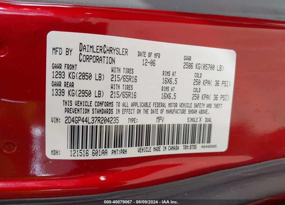 2007 DODGE GRAND CARAVAN SXT VIN: 2D4GP44L37R204235