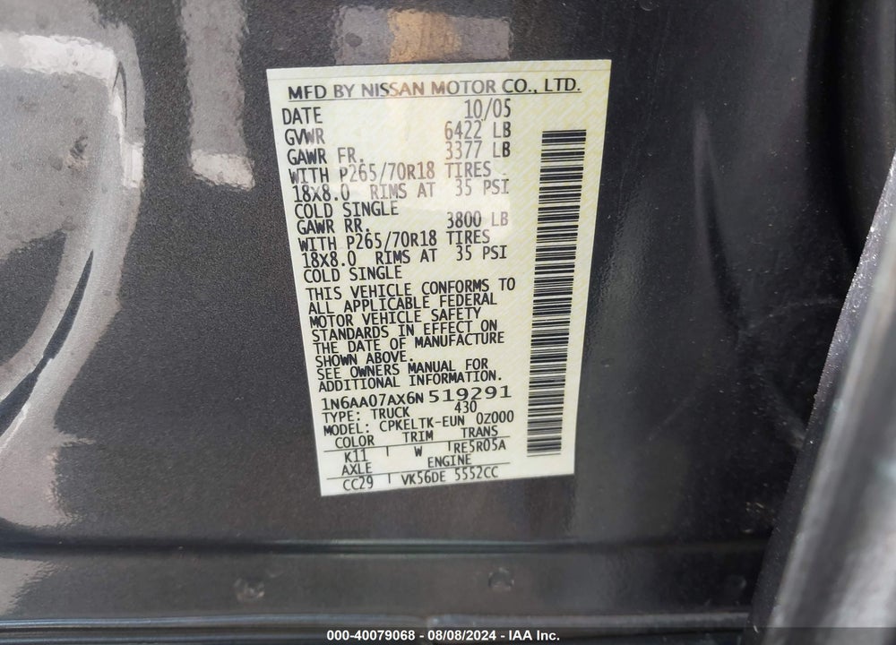 2006 NISSAN TITAN SE VIN: 1N6AA07AX6N519291