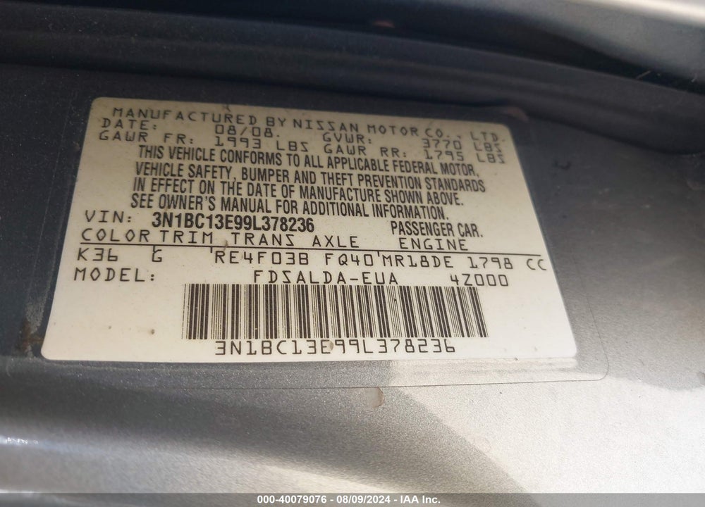 2009 NISSAN VERSA 1.8S VIN: 3N1BC13E99L378236