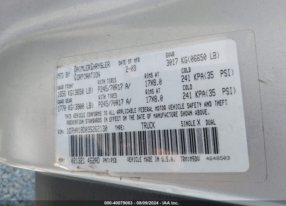 2003 DODGE RAM 1500 SLT/LARAMIE/ST VIN: 1D7HA18D03S262130