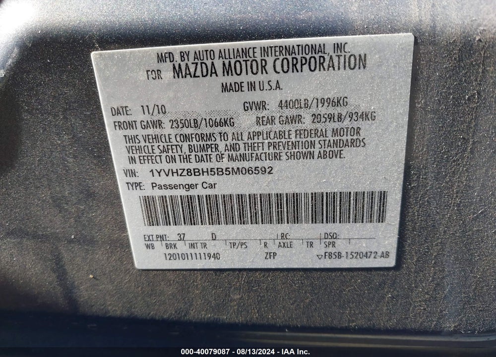 2011 MAZDA 6 I SPORT VIN: 1YVHZ8BH5B5M06592
