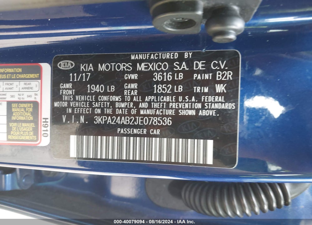 2018 KIA RIO S VIN: 3KPA24AB2JE078536