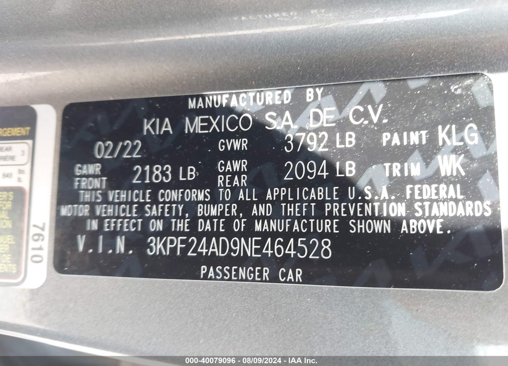 2022 KIA FORTE LXS VIN: 3KPF24AD9NE464528