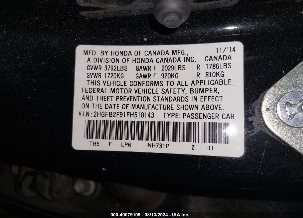 2015 HONDA CIVIC EX-L VIN: 2HGFB2F91FH510143