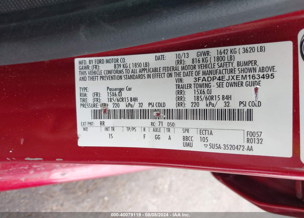 2014 FORD FIESTA SE VIN: 3FADP4EJXEM163495