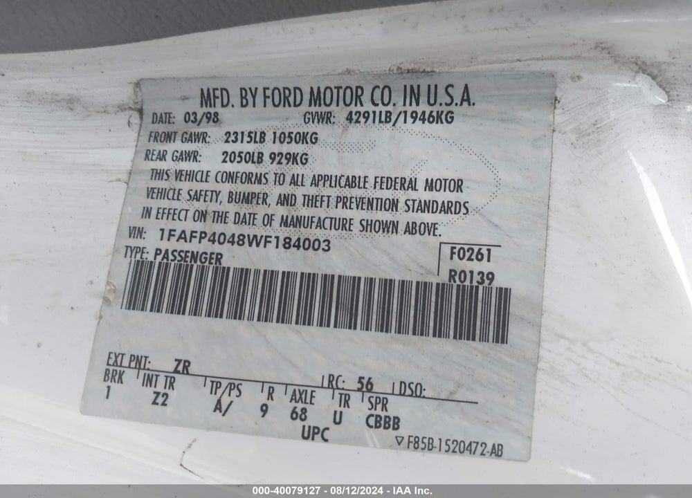 1998 FORD MUSTANG VIN: 1FAFP4048WF184003