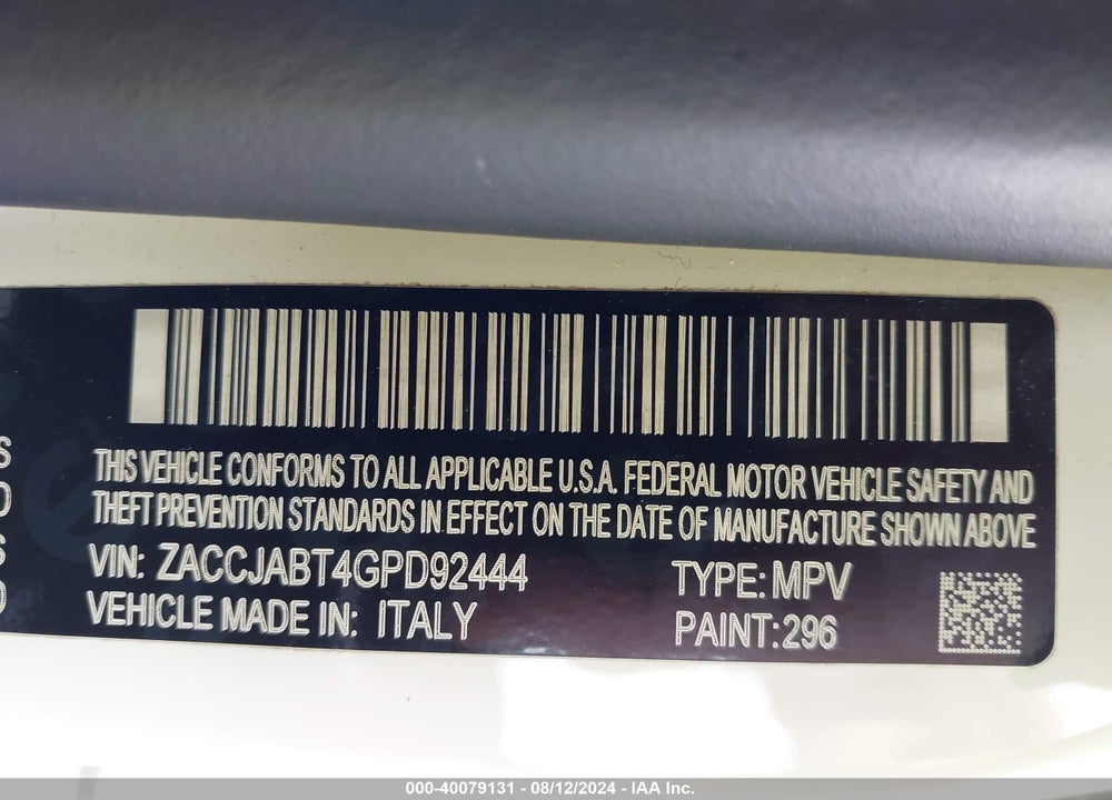 2016 JEEP RENEGADE VIN: ZACCJABT4GPD92444