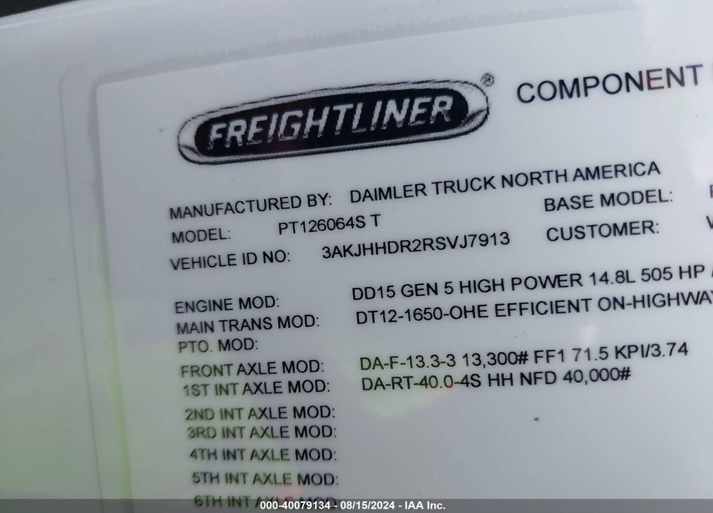 2024 FREIGHTLINER CASCADIA 126 VIN: 3AKJHHDR2RSVJ7913