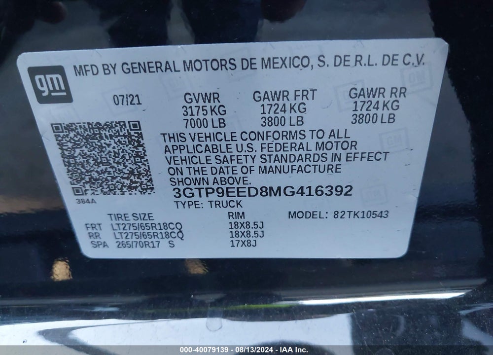 2021 GMC SIERRA K1500 AT4 VIN: 3GTP9EED8MG416392