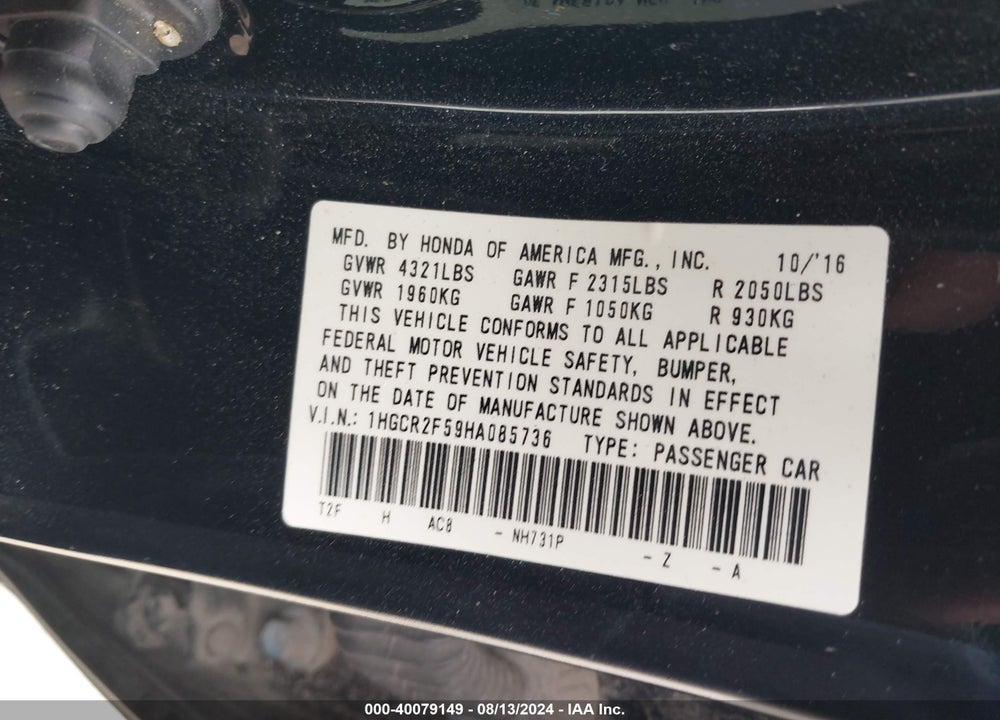 2017 HONDA ACCORD SPORT VIN: 1HGCR2F59HA085736