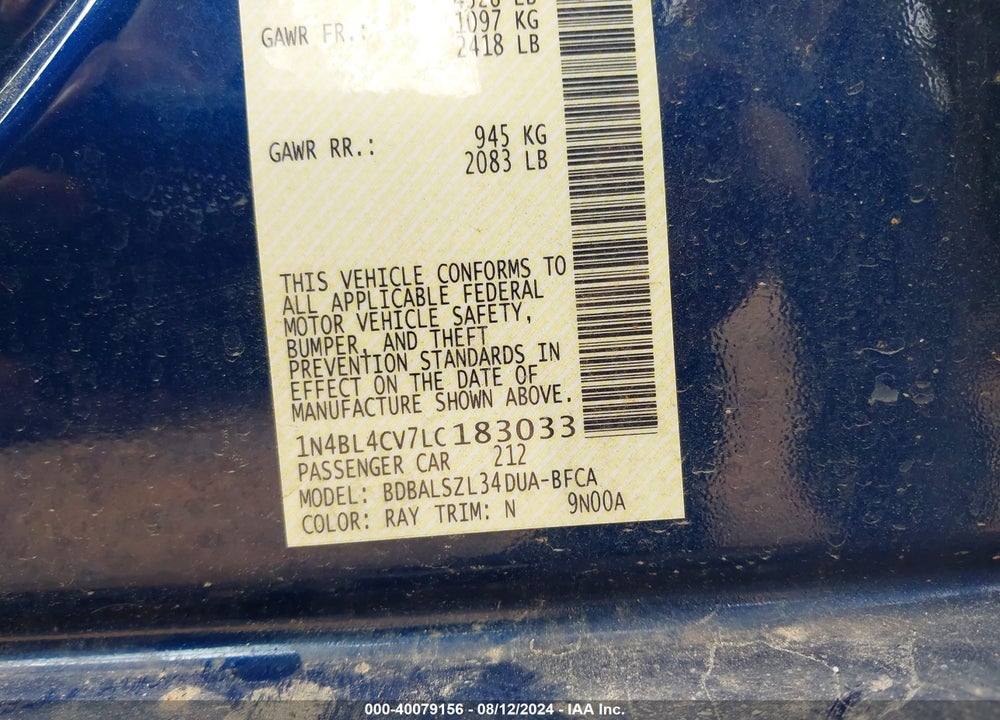 2020 NISSAN ALTIMA VIN: 1N4BL4CV7LC183033