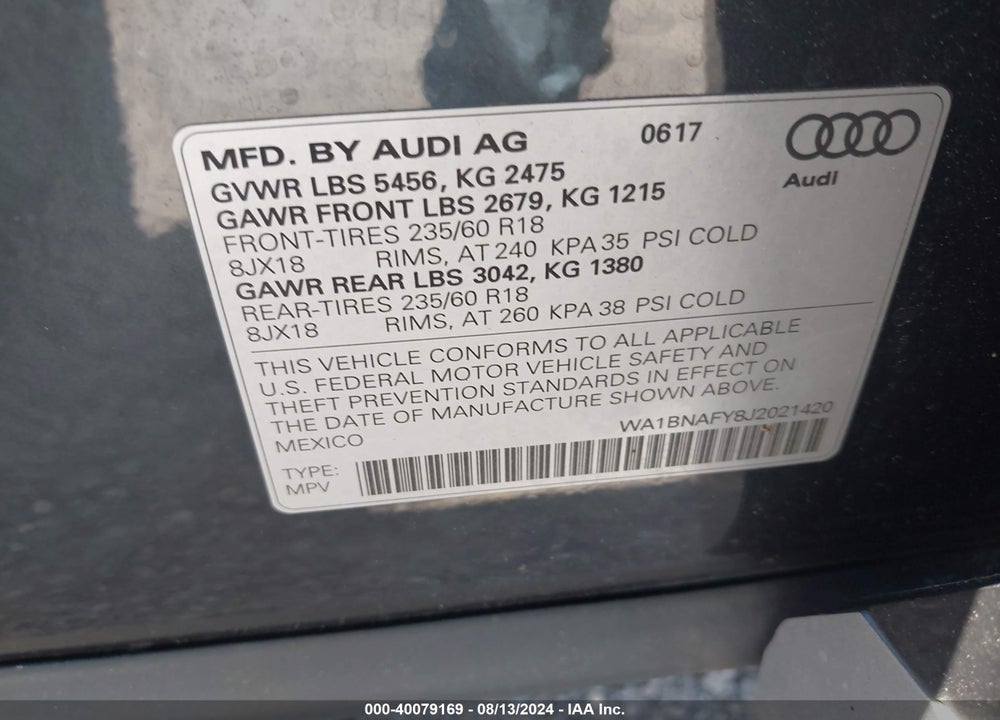 2018 AUDI Q5 VIN: WA1BNAFY8J2021420