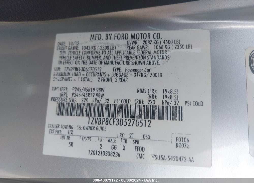2013 FORD MUSTANG GT PREMIUM VIN: 1ZVBP8CF3D5270512