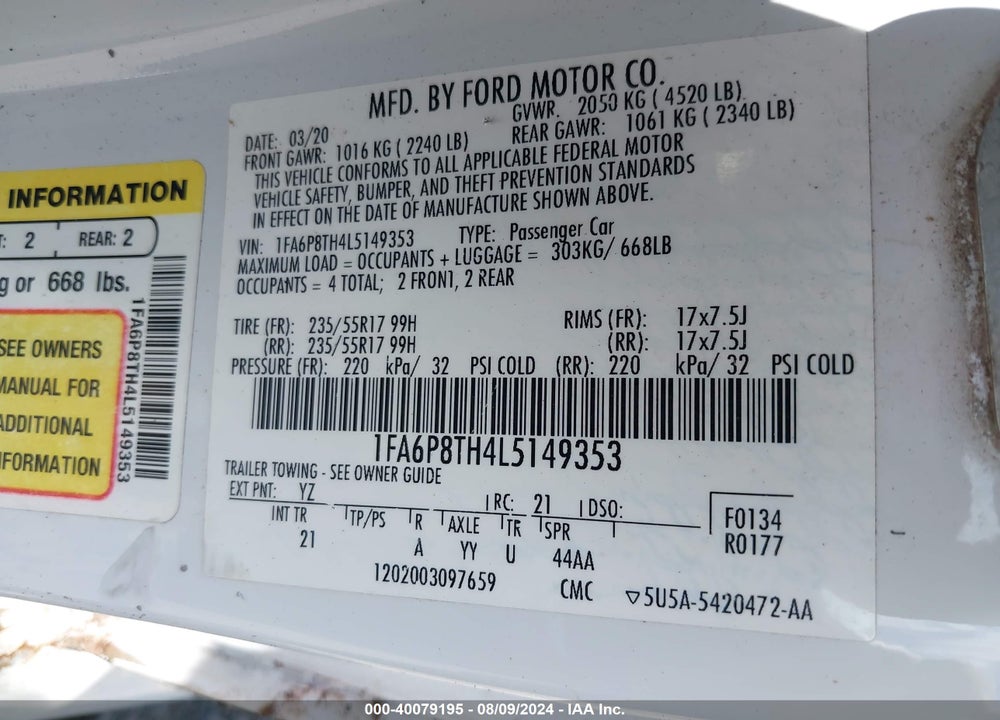 2020 FORD MUSTANG ECOBOOST FASTBACK VIN: 1FA6P8TH4L5149353