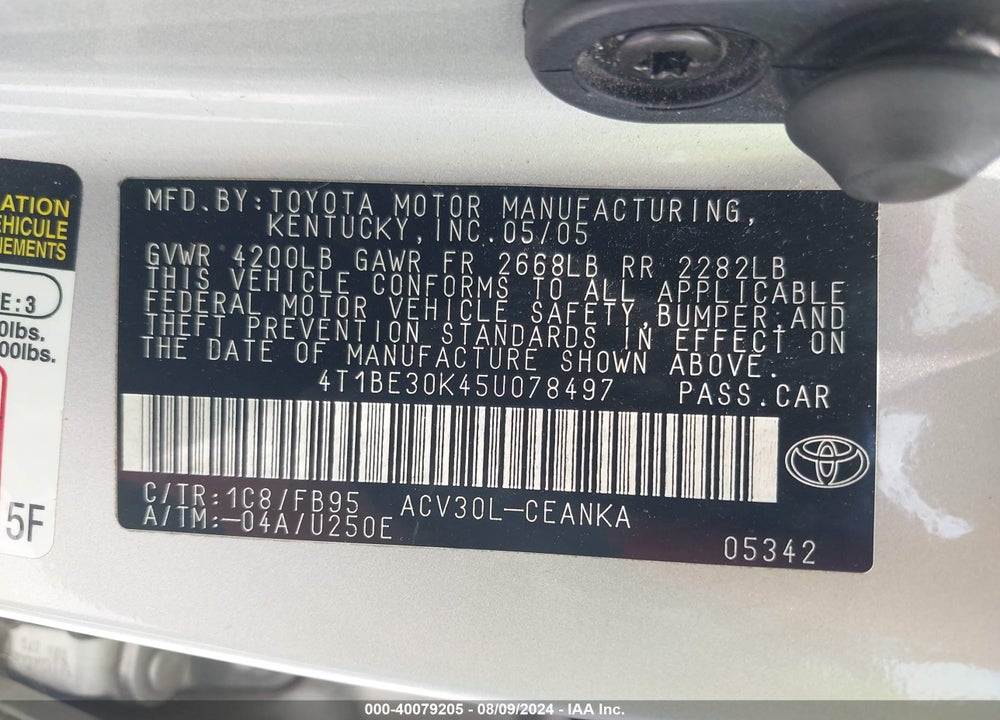 2005 TOYOTA CAMRY LE VIN: 4T1BE30K45U078497