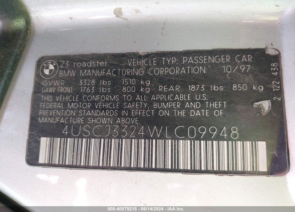 1998 BMW Z3 2.8 VIN: 4USCJ3324WLC09948