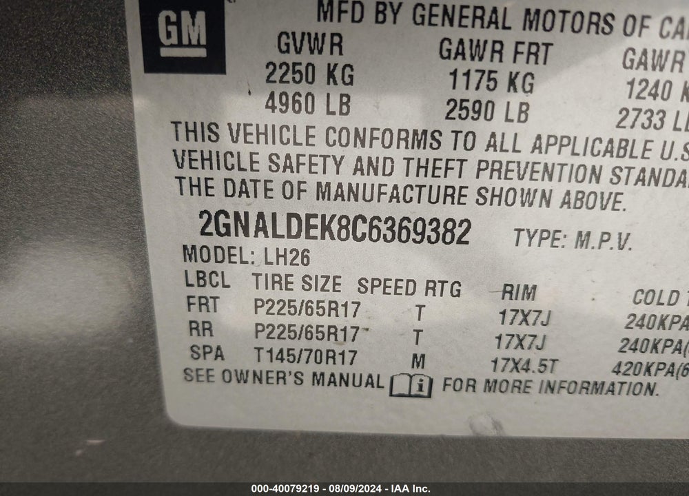 2012 CHEVROLET EQUINOX 1LT VIN: 2GNALDEK8C6369382