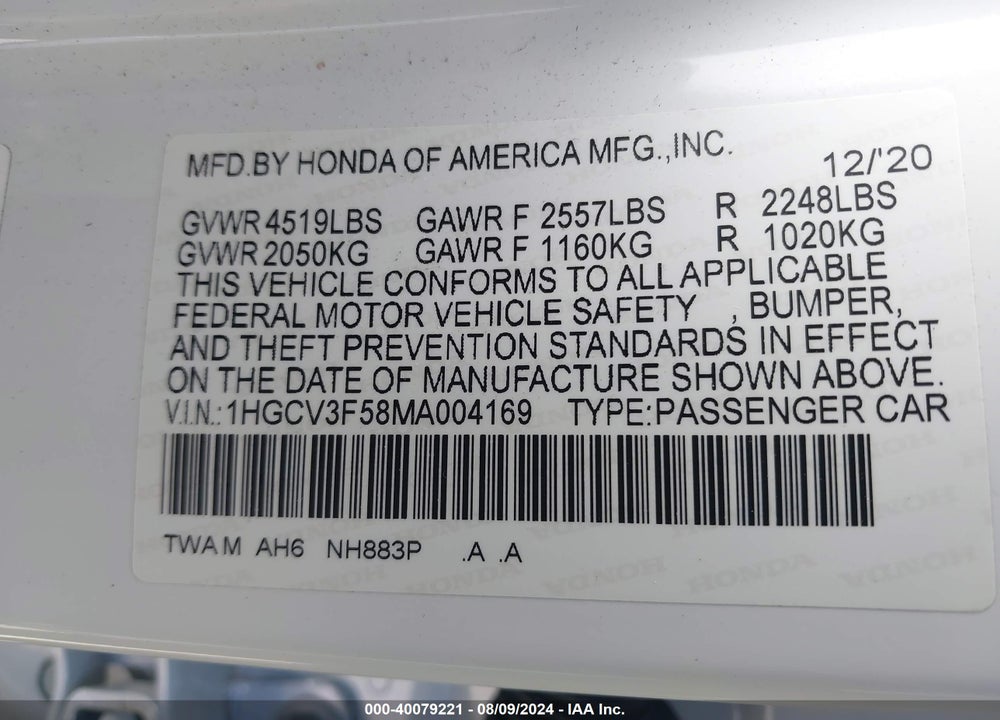 2021 HONDA ACCORD HYBRID EX-L VIN: 1HGCV3F58MA004169