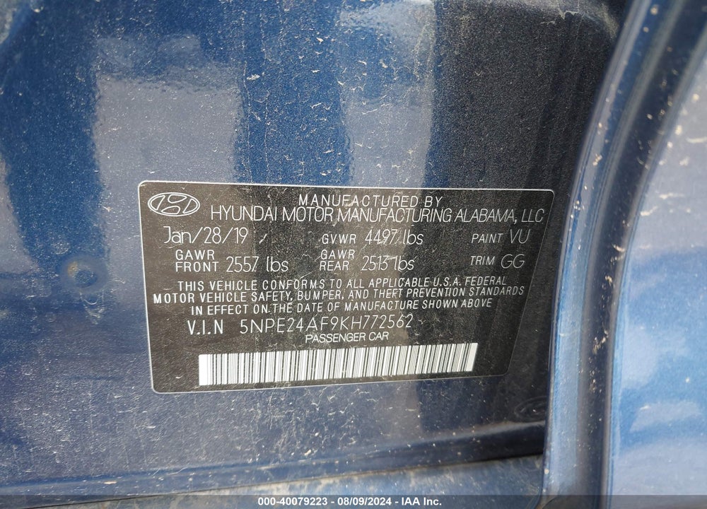 2019 HYUNDAI SONATA SE VIN: 5NPE24AF9KH772562