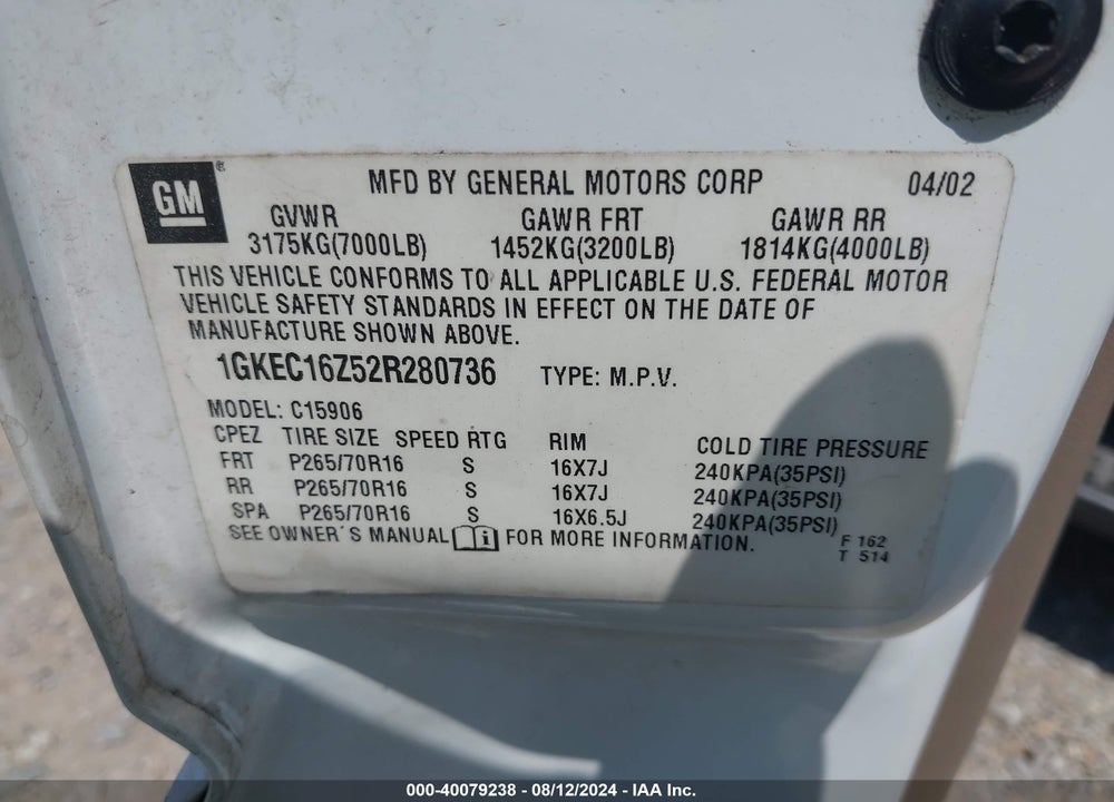 2002 GMC YUKON XL 1500 SLT VIN: 1GKEC16Z52R280736