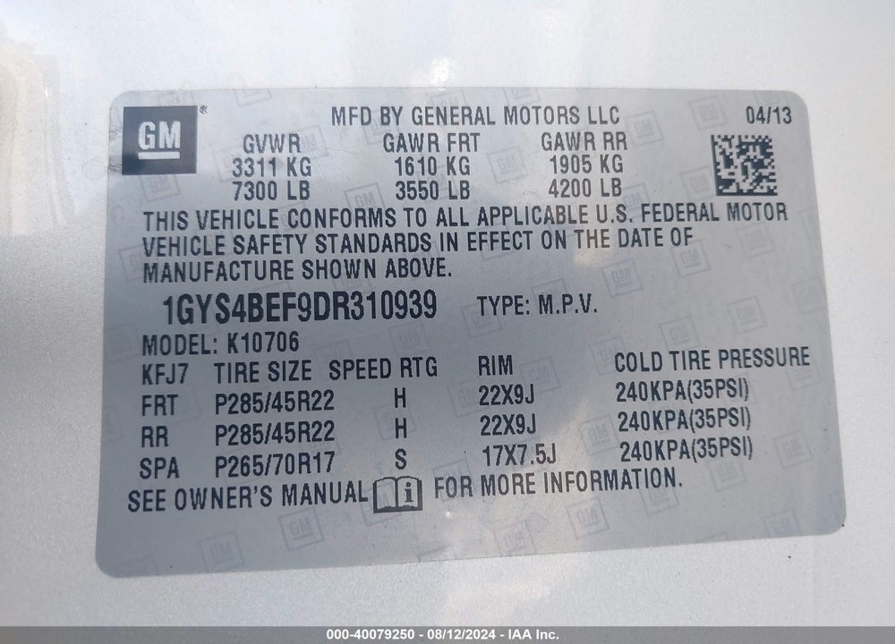 2013 CADILLAC ESCALADE LUXURY VIN: 1GYS4BEF9DR310939