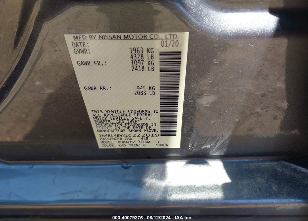 2020 NISSAN ALTIMA S FWD VIN: 1N4BL4BVXLC222019